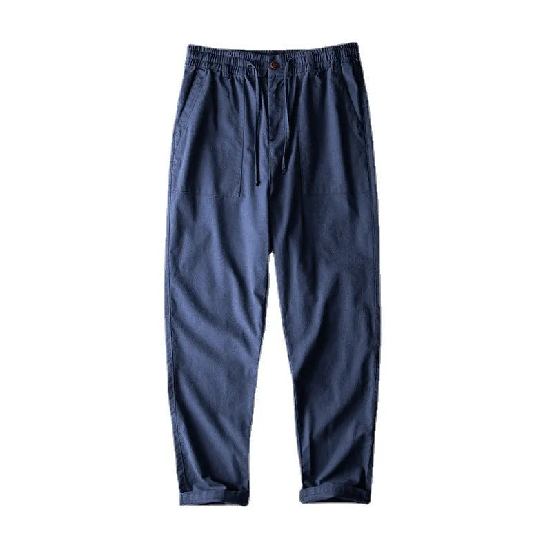 Men's linen casual trousers in solid colours with mid waist and trouser length