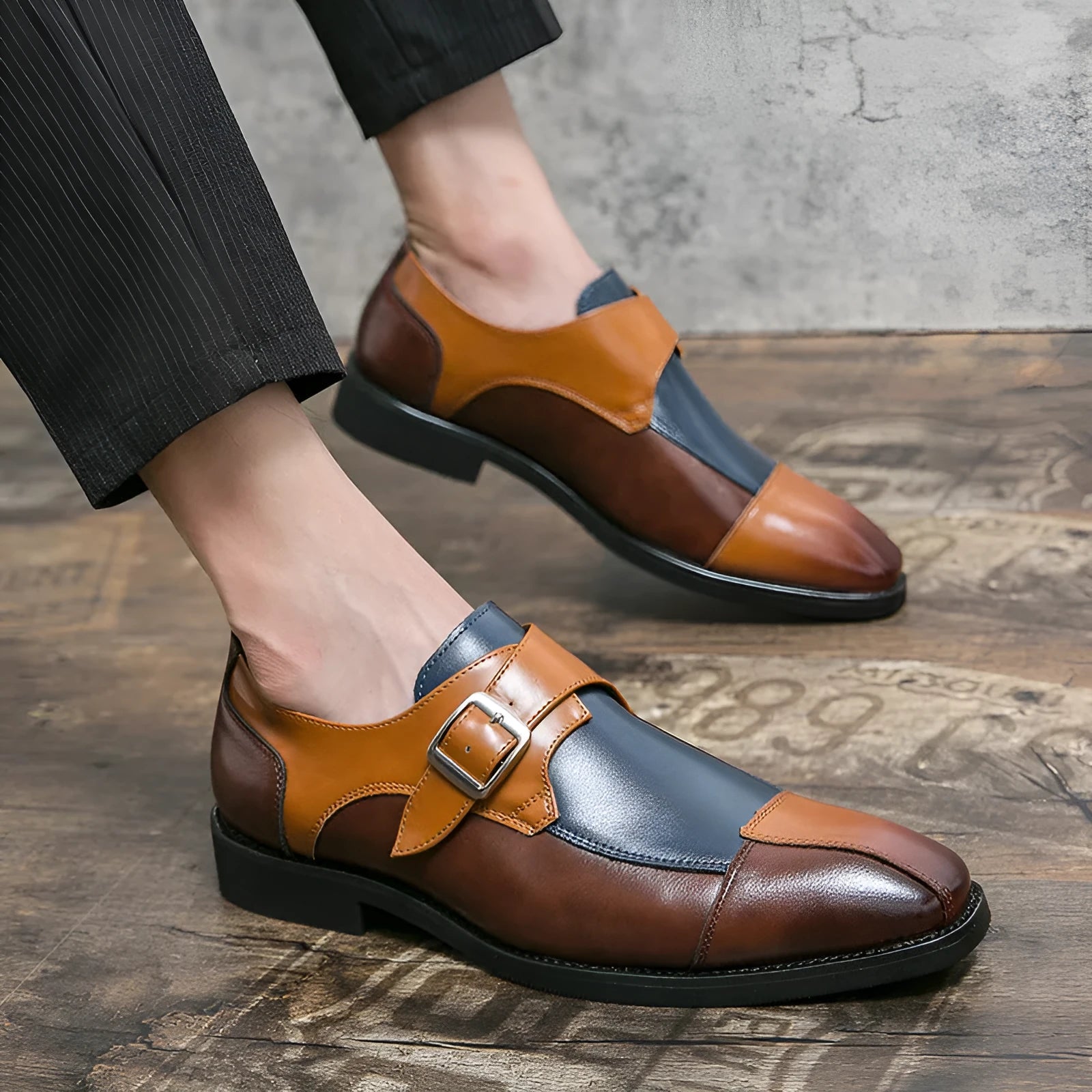 Men's British retro buckle casual shoes in black and brown blue colours with tall crown upper
