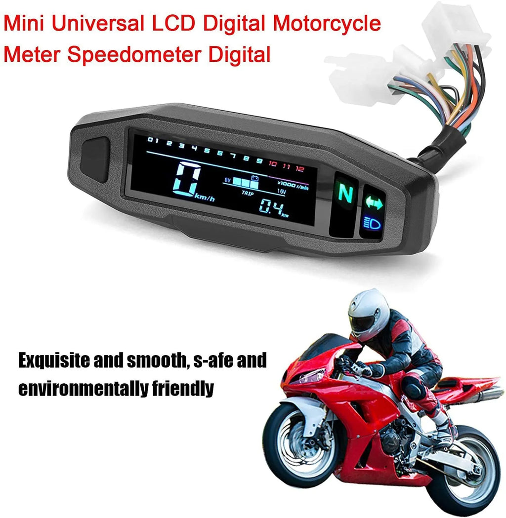 Black motorcycle mini speedometer with LCD display showing digital readouts and oil monitoring indicator