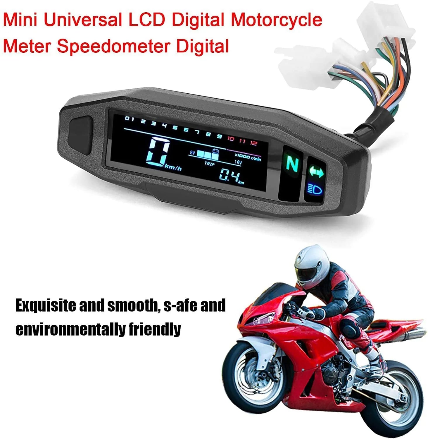 Black motorcycle mini speedometer with LCD display showing digital readouts and oil monitoring indicator