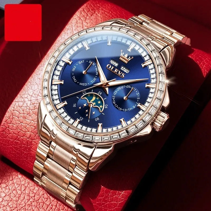 Men's diamond-embedded automatic mechanical watch with stainless steel construction and transparent case back