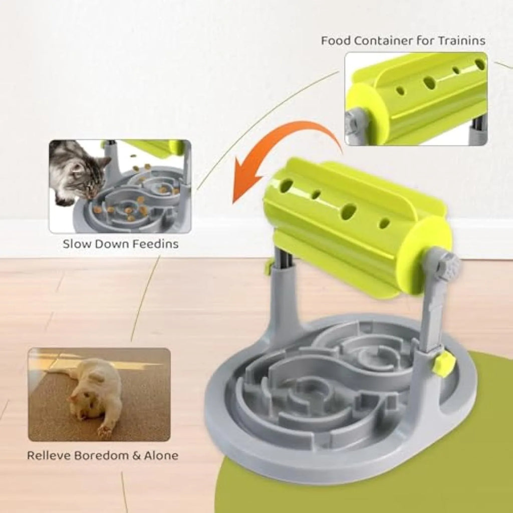 Blue interactive pet slow feeder puzzle bowl with adjustable height and raised patterns