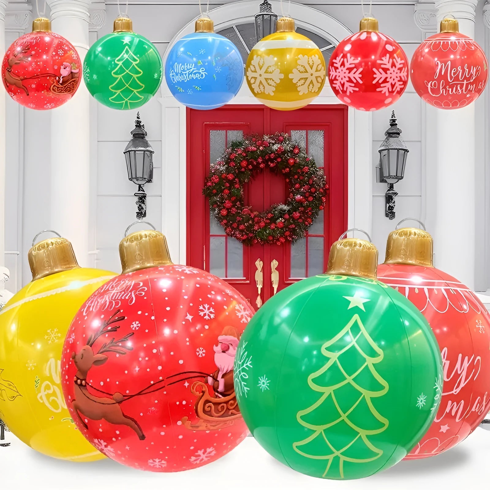 Large red and white inflatable Christmas ball with flashing lights displayed in outdoor garden setting