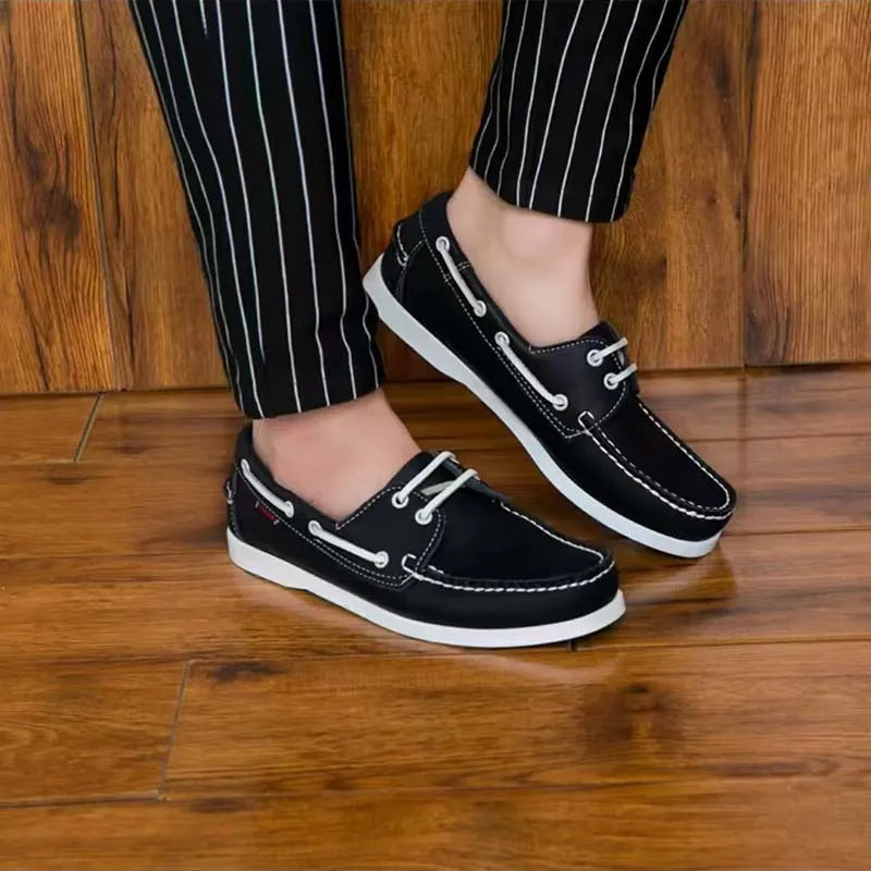 Men's British style casual shoes with artificial PU upper in various colours on a white background.