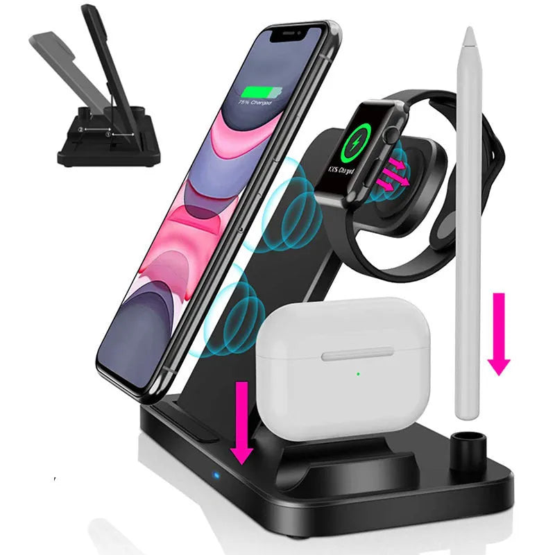 Folding 4-in-1 wireless charger in black showing vertical charging position for Apple iPhone