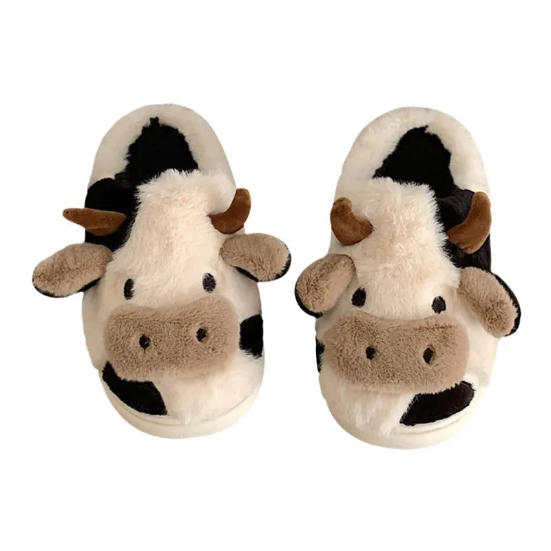 White cow print plush slippers for women with non-slip textured soles