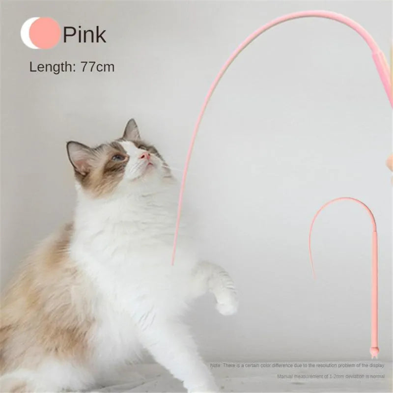 Blue silicone mouse tail cat toy with ABS handle showing 80cm length and replaceable core system