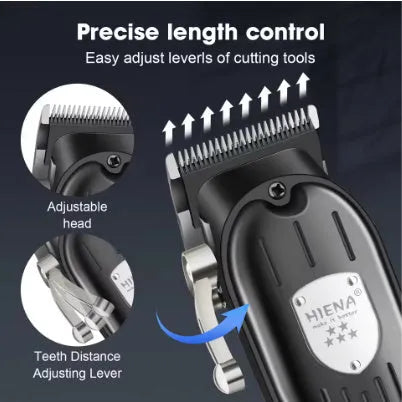 Professional hair clipper set with LCD display and adjustable cutting length in black