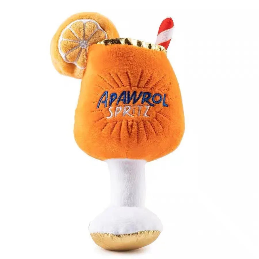 Yellow wine glass shaped plush dog chew toy with squeaker for dental cleaning