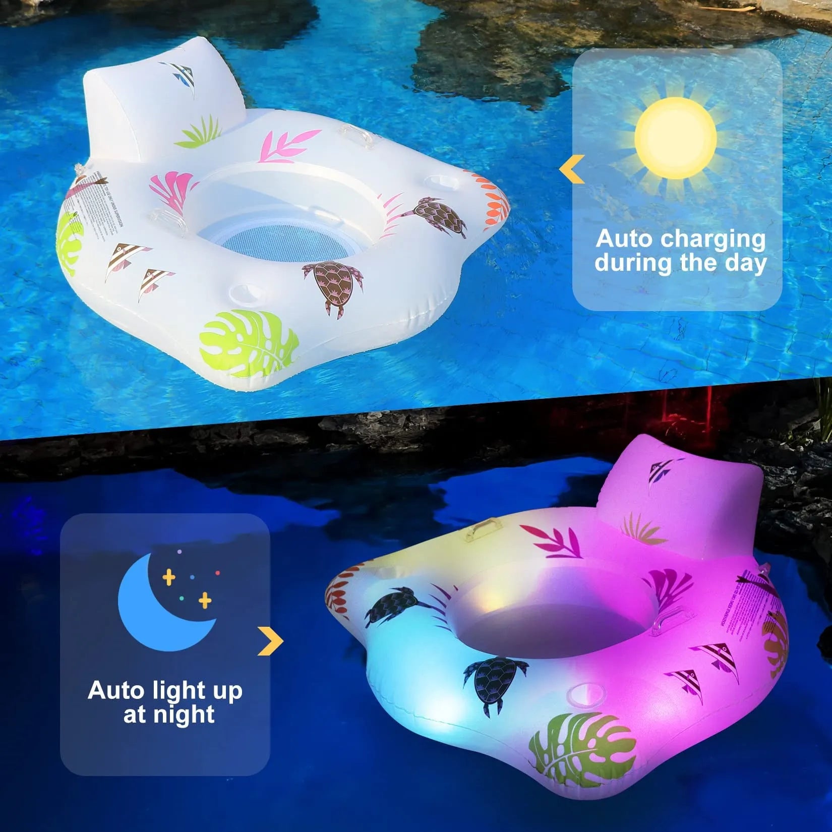 White PVC inflatable U-shaped seat float with glowing edges on water.