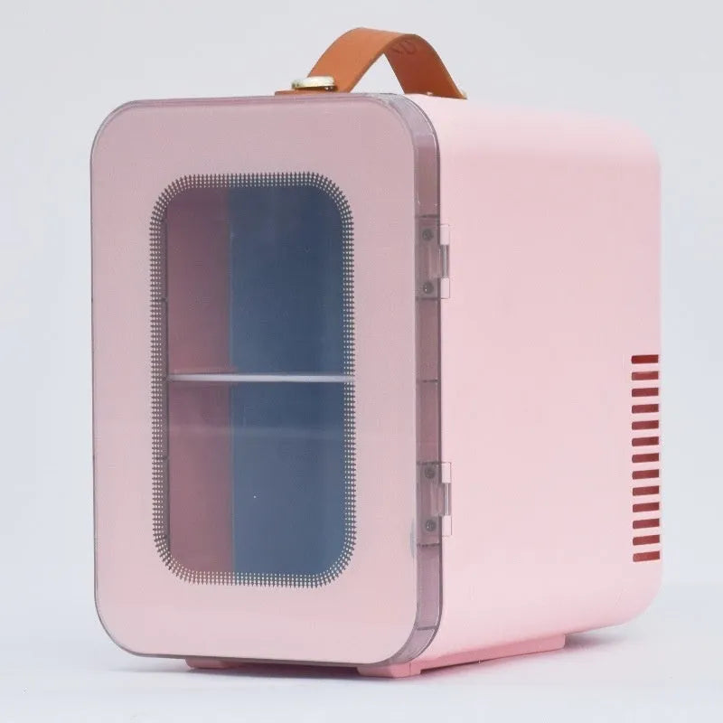 Pink beauty mini refrigerator with transparent door showing contents inside, 6L capacity hot and cold dual-use