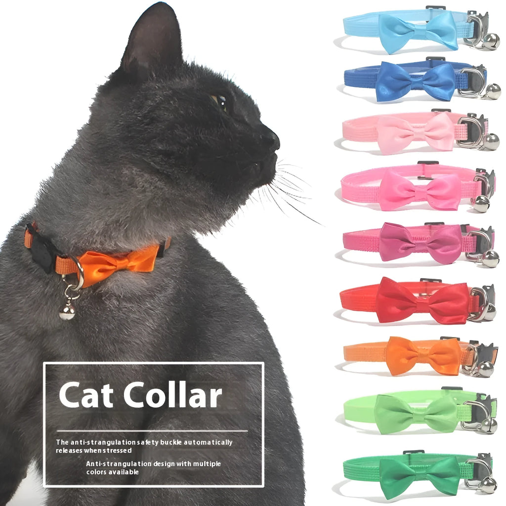 Multi-colour striped nylon bow collar with bell for cats on adjustable ribbon