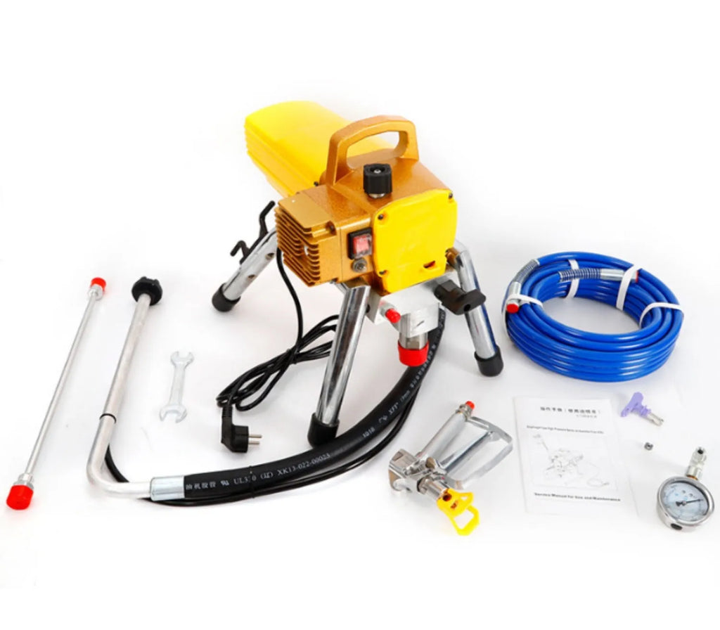 Blue 110V electric airless paint spraying machine with spray gun, extension rod, and accessories