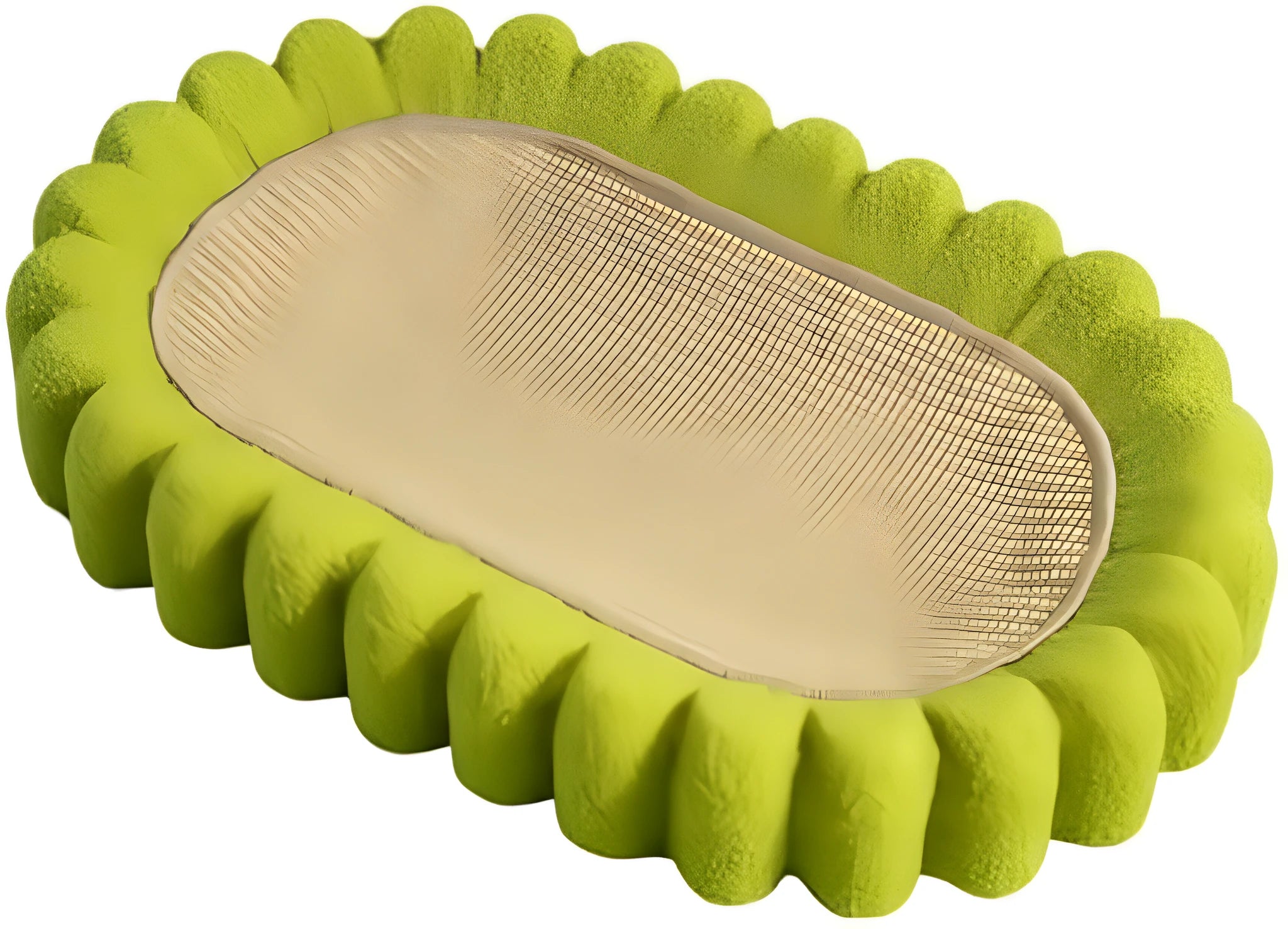 Green oval-shaped cat scratch pad and lounge bed made from textured sisal fabric.