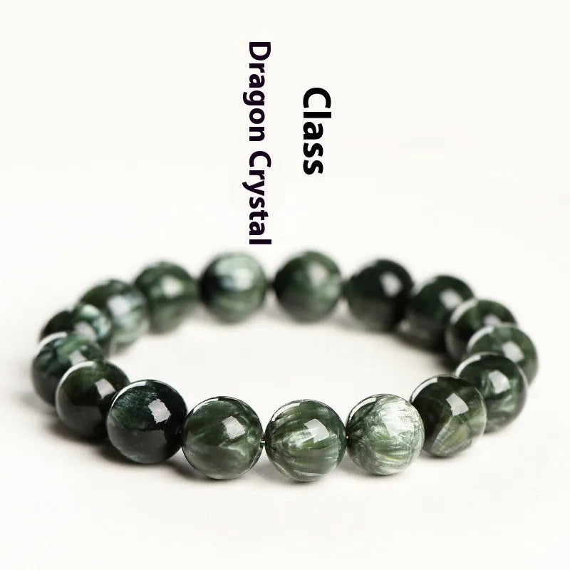 Natural green Grade 7A Dragon Crystal bracelet with 8-9mm round beads and a Ruyi design element.