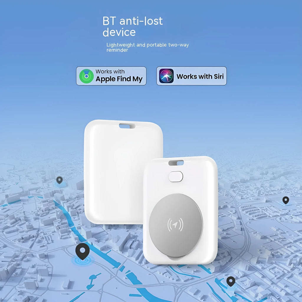 White ABS anti-lost locator pet tracking device for Apple users with alarm function on blue background