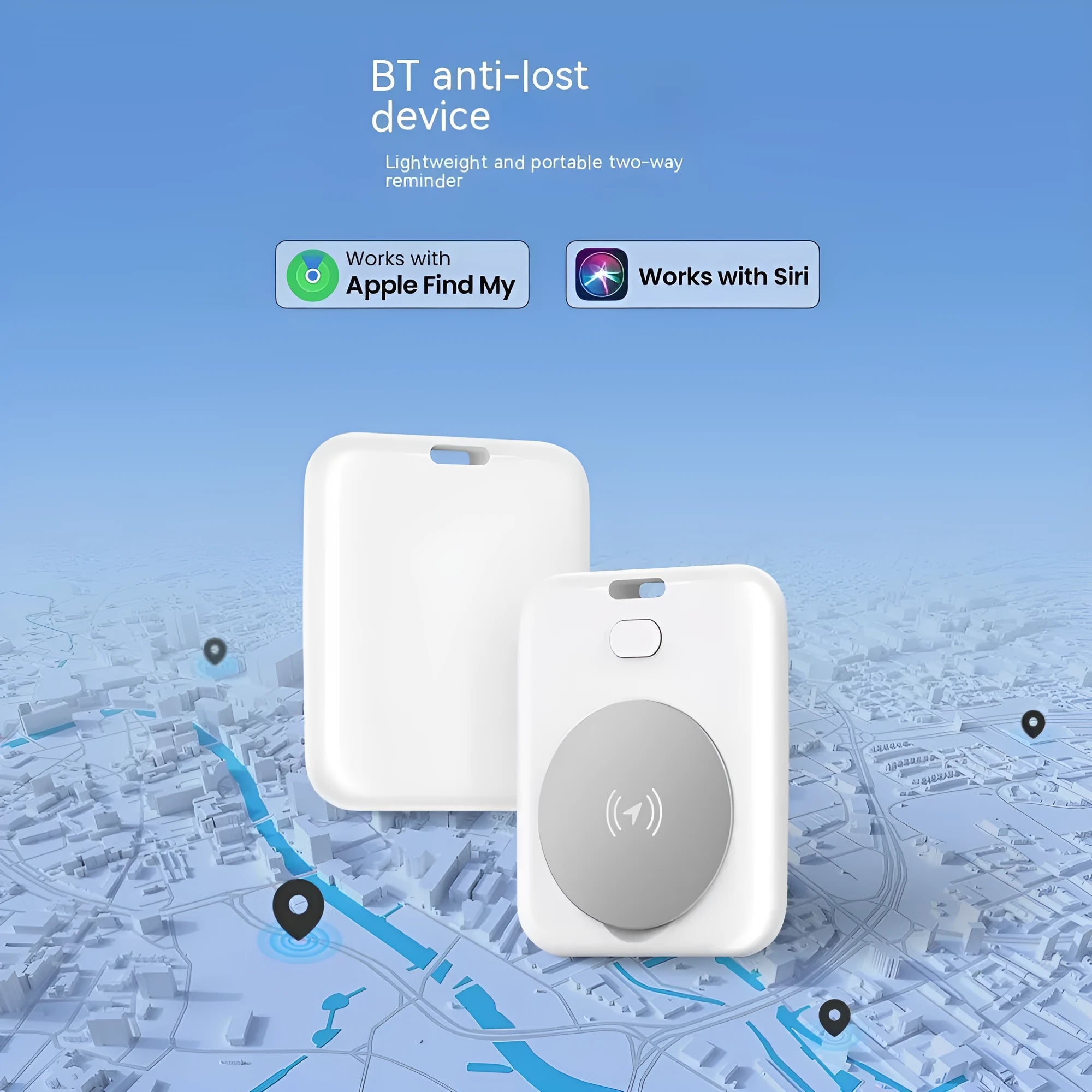 White ABS anti-lost locator pet tracking device for Apple users with alarm function on blue background