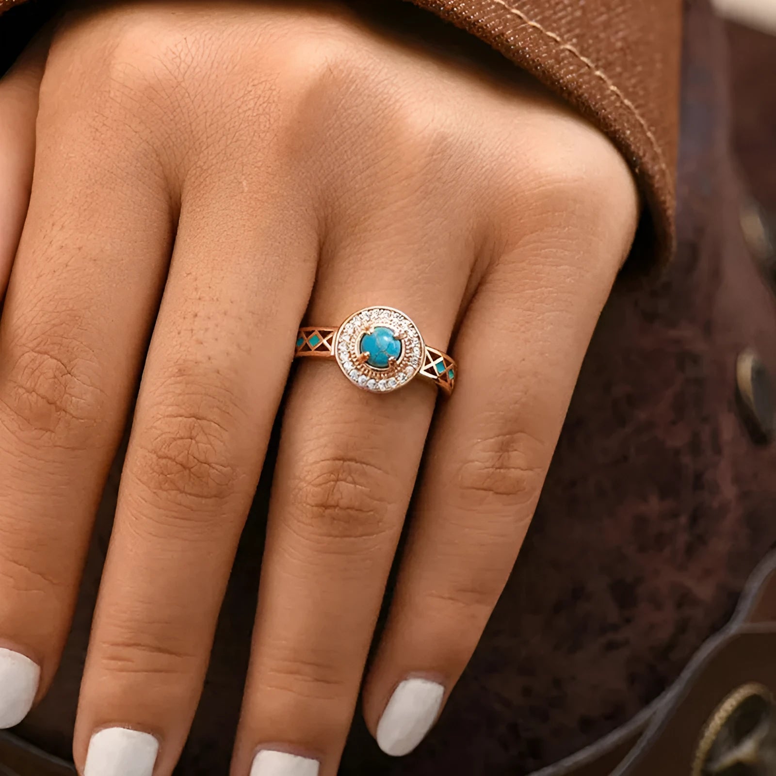 Women's turquoise ethnic style copper ring with micro-inlaid zircon stones in rose gold colour