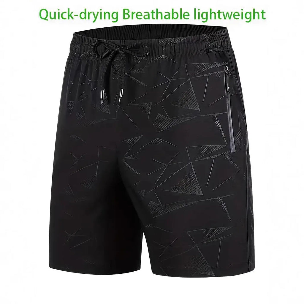 Men's loose fit printed sports shorts with elastic waistband in black, grey, or blue colours