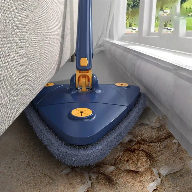 Blue and white triangular cleaning mop with a long stainless steel pole extended for ceiling cleaning.