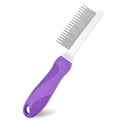 Purple pet grooming comb with stainless steel teeth and ergonomic handle for detangling dog and cat fur