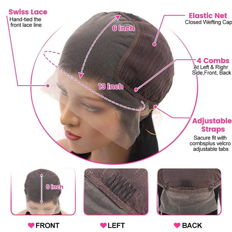 Straight black human hair wig with 13x6 lace frontal closure showing natural hairline