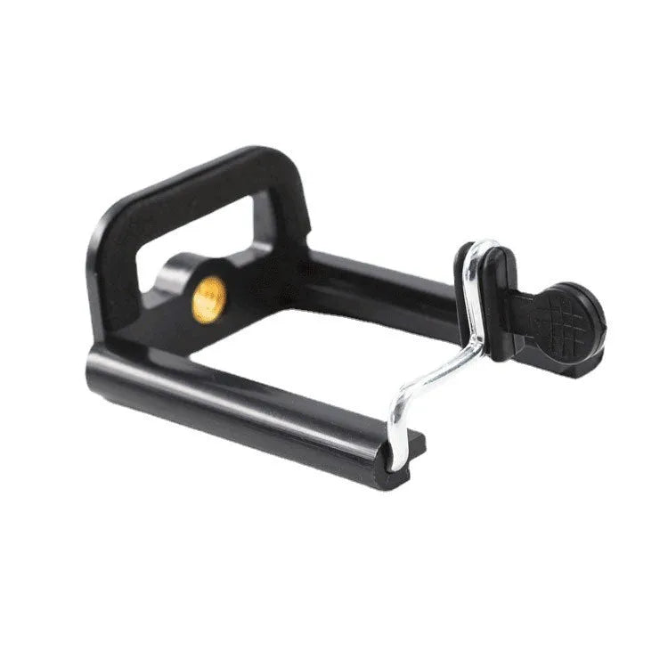 Black plastic U clip mobile phone hose bracket for mounting on pipes and poles.