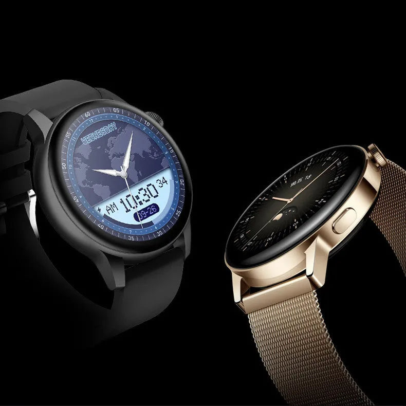 Black smart watch with square stainless steel case and colour touch screen on wrist.