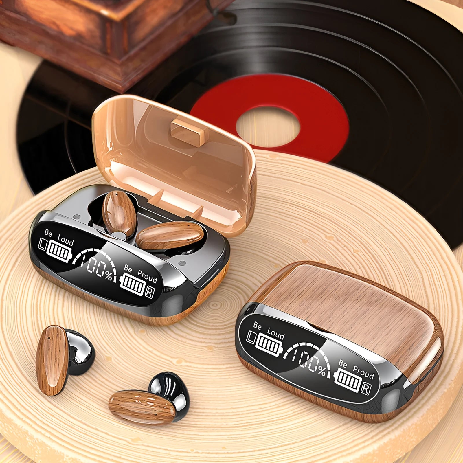 M35 wood grain wireless Bluetooth earbuds with charging case showing power display