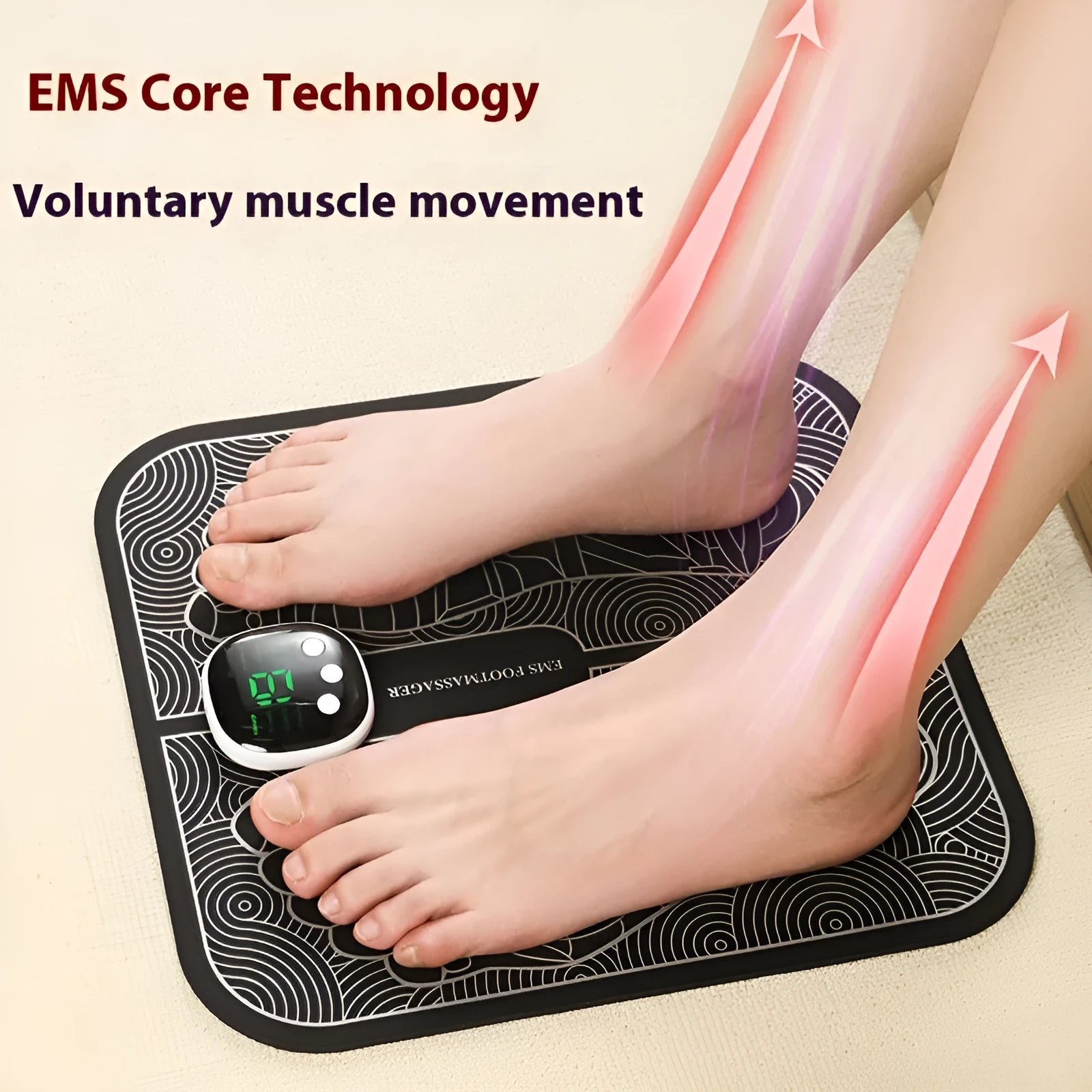 A rechargeable reflexology foot massager mat with remote control and USB charging cable.