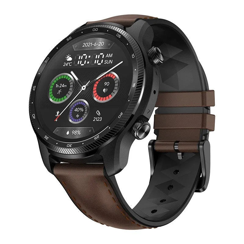 Ticwatch Pro X smart watch with circular display showing fitness metrics