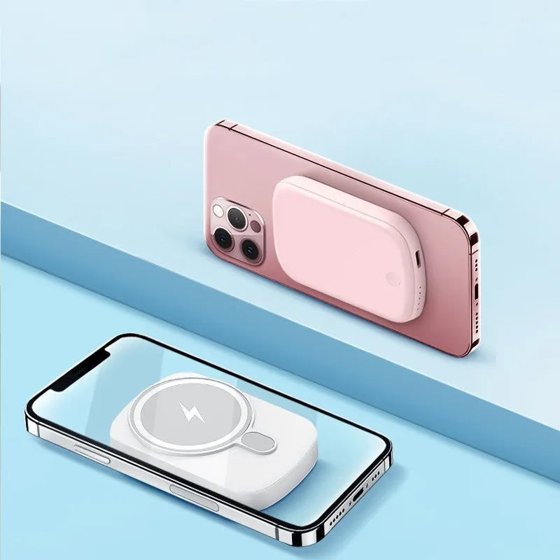 Magsafe magnetic wireless power bank in black, pink, white, or purple with creative plastic design.
