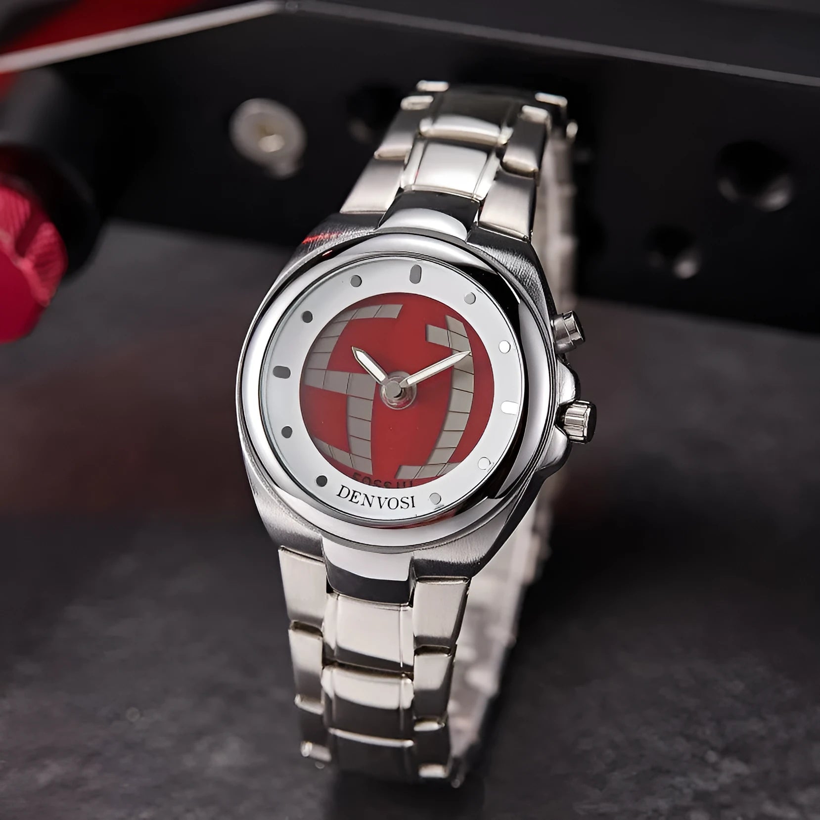 Men's Y2K vintage digital watch with dual display on a blue alloy strap with stainless steel buckle.