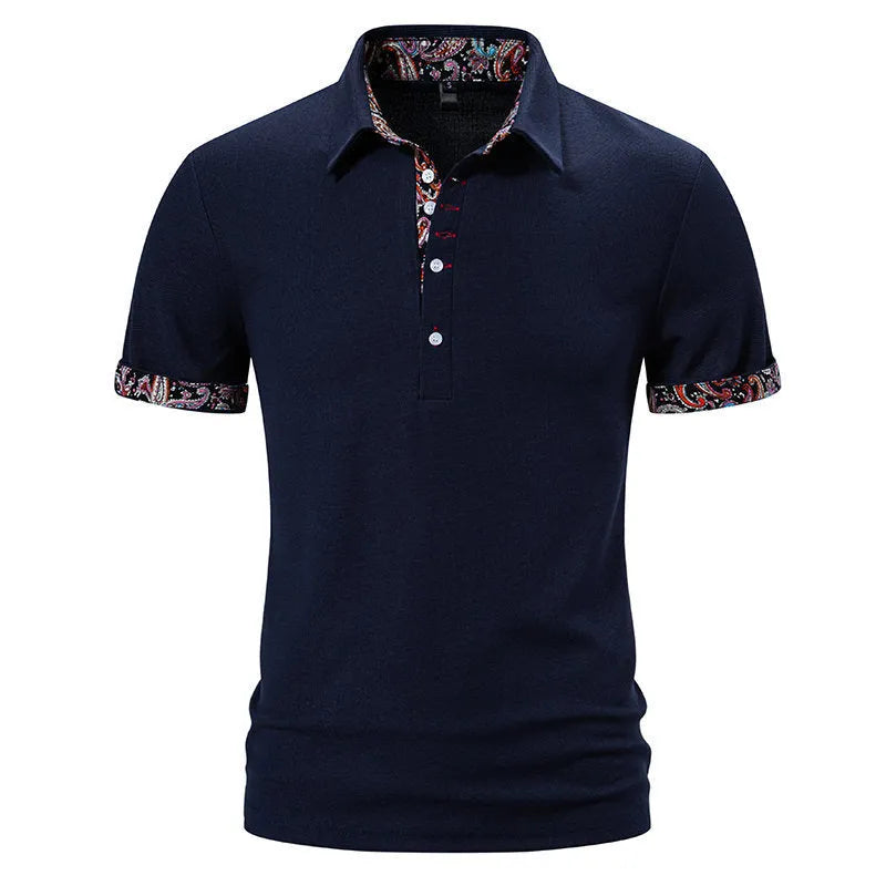 Men's navy blue cotton blend polo shirt with short sleeves and a turnover collar on a white background.