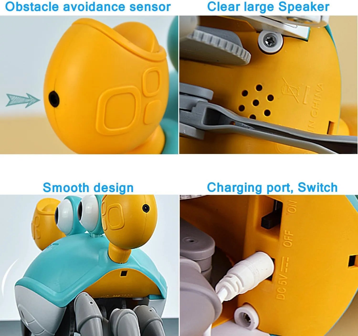 Blue or red electronic crawling crab dog toy with lights, shown next to its USB charging cable.