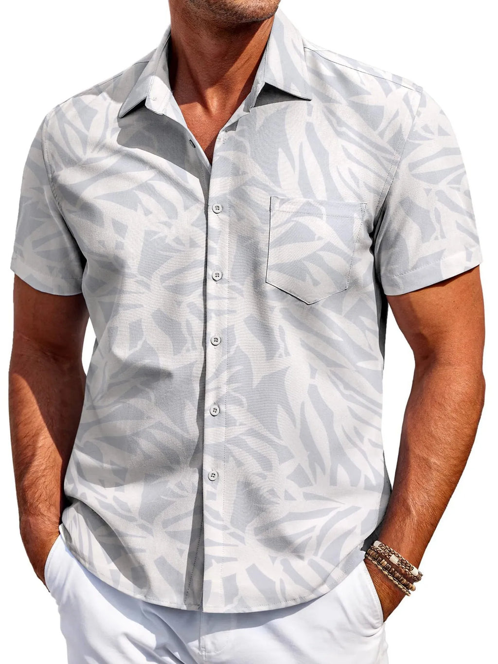 Men's slim fit short sleeve Hawaiian shirt in four-sided elastic polyester fabric for summer.
