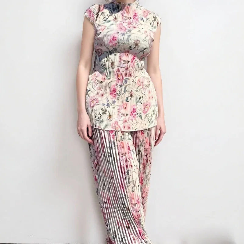 Women's floral printed chiffon dress set with high waist skirt and long sleeve matching top