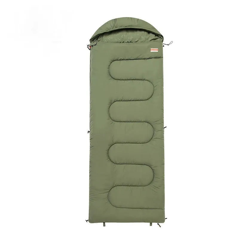 Outdoor cotton sleeping bag in ochre or olive green, shown rolled for portability.