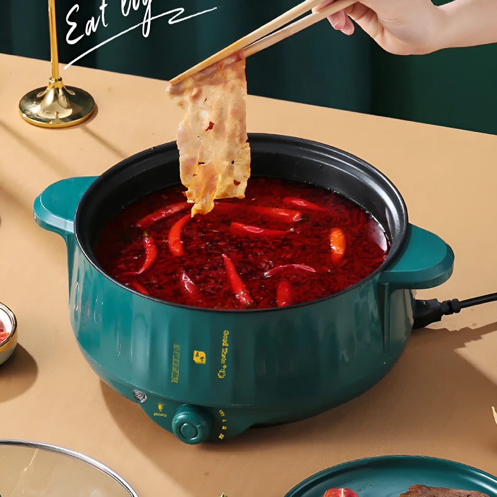 Stainless steel electric hot pot with non-stick interior in white or green colour options