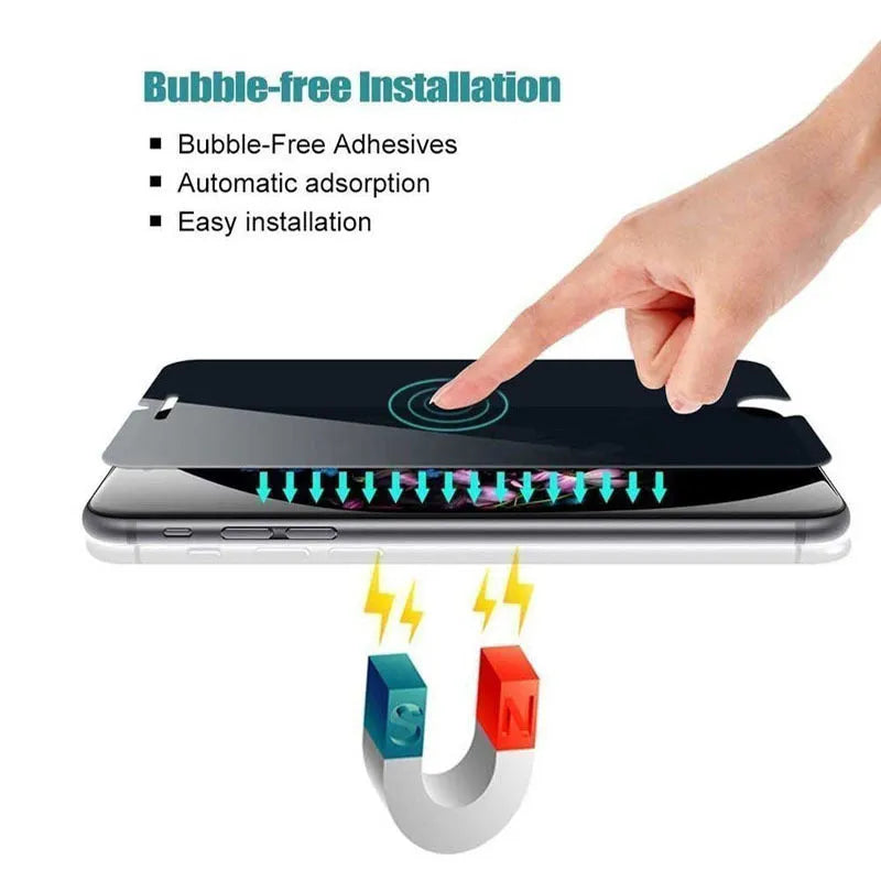 Black anti-peeping tempered glass screen protector for iPhone, front view with privacy filter visible at side angle