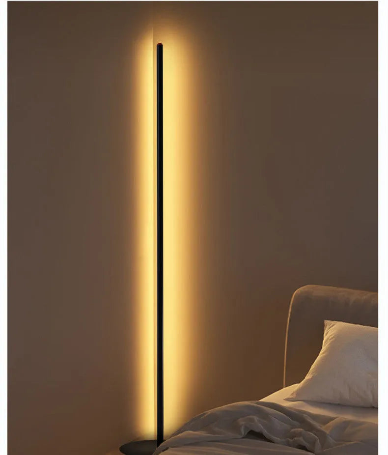 Vertical aluminium alloy floor lamp with a simple modern design and USB plug.