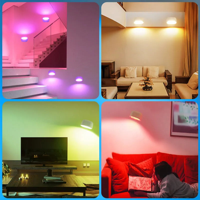 Oval white magnetic wall lamp with remote control on a plain wall.