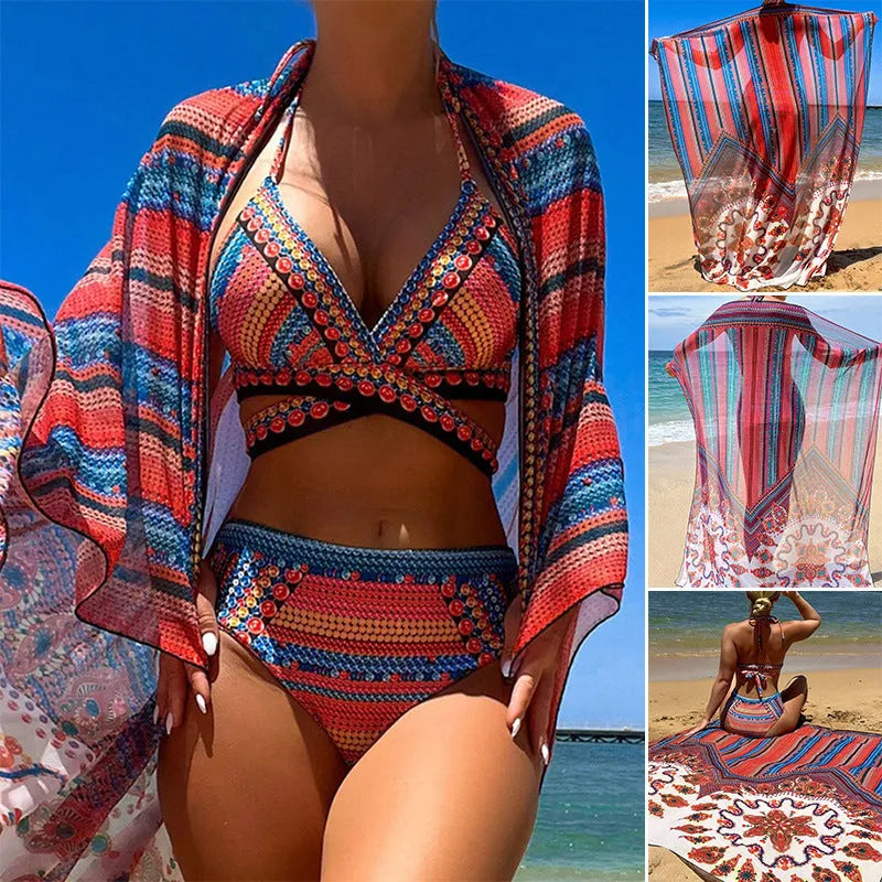 Women's three-piece swimsuit set with cutout blouse, high-waist briefs and cover-up coat