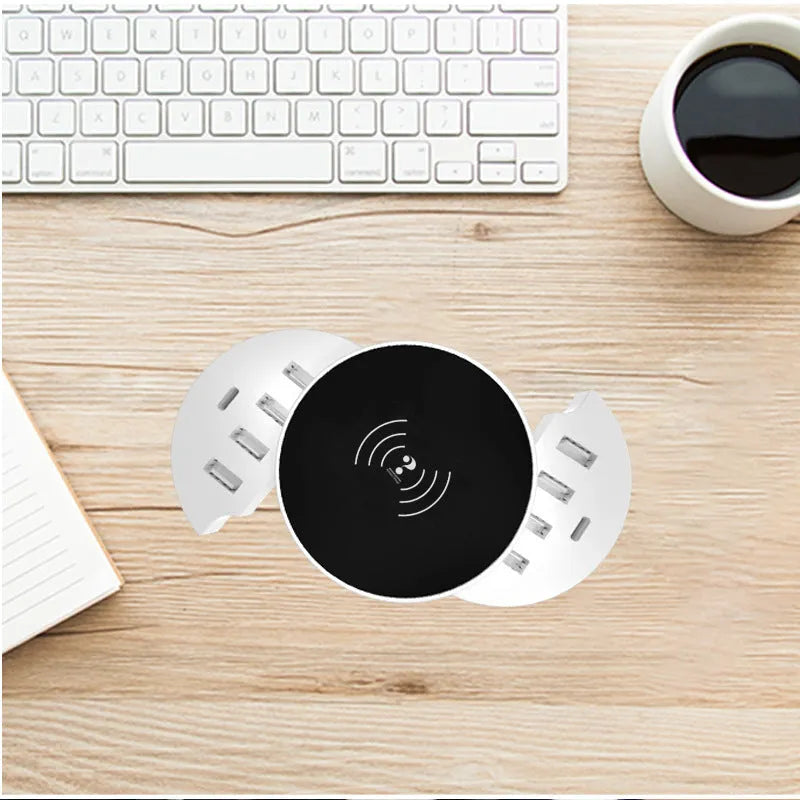 Smart phone multi-port wireless circular charger in ceramic white with LED indicator and USB interface