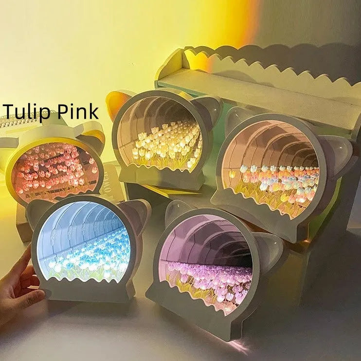 Handmade DIY cat head night lamp surrounded by colourful tulip flowers