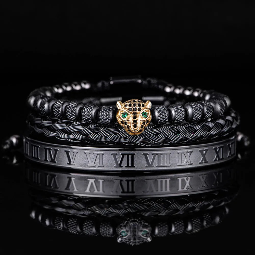 Titanium steel leopard head mesh bracelet with pineapple pearl Roman detailing, unisex simple style, black diamond colour