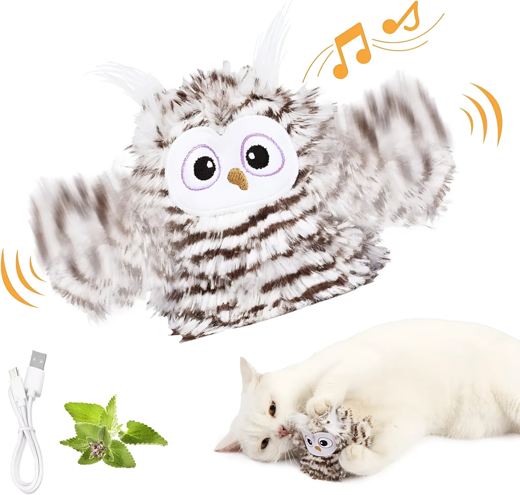 Grey owl-shaped automatic cat toy with flapping wings measuring 10×14 cm