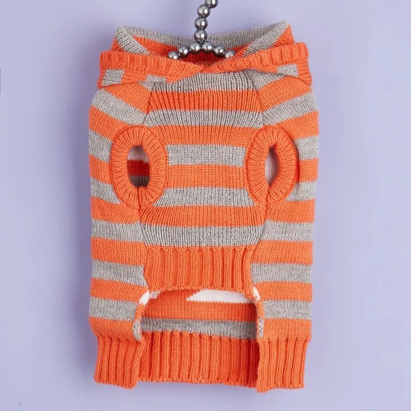 Orange knitted hooded pet sweater with contrast stripes and fur ball for small dogs and cats