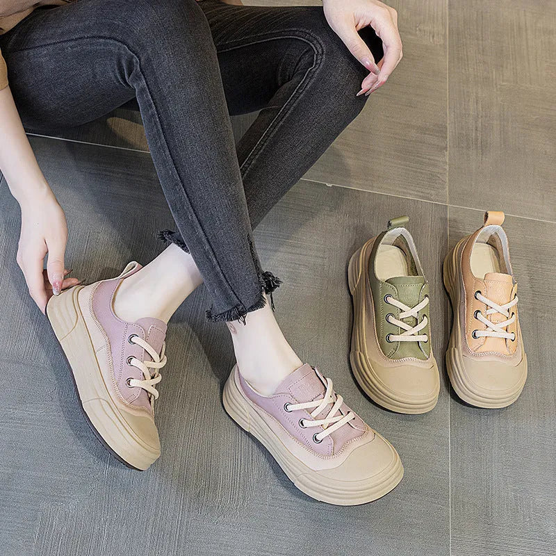 Women's leather platform sneakers in matcha, orange, and purple colours showing round toe and lace-up design