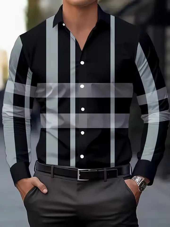 Men's long sleeve button-down shirt with striped pattern on lapel in polyester fabric